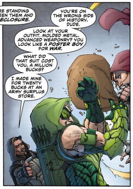 He's absolutely right. Green Arrow should not be decked out in full body armor.
